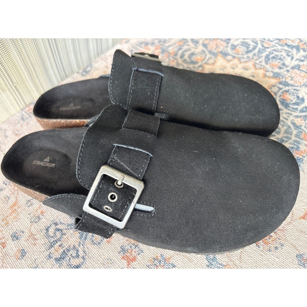 Staheekum Crescent Black Suede Clog Mules Women Size 10 Buckle Slip On Shoes